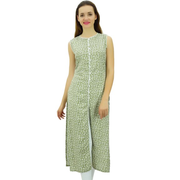 Phagun Women's Printed Cotton Tunic Sleeveless Green Kurta Front Cut Kurti-26