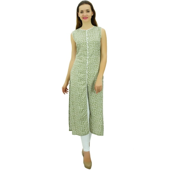 Phagun Women's Printed Cotton Tunic Sleeveless Green Kurta Front Cut Kurti-4