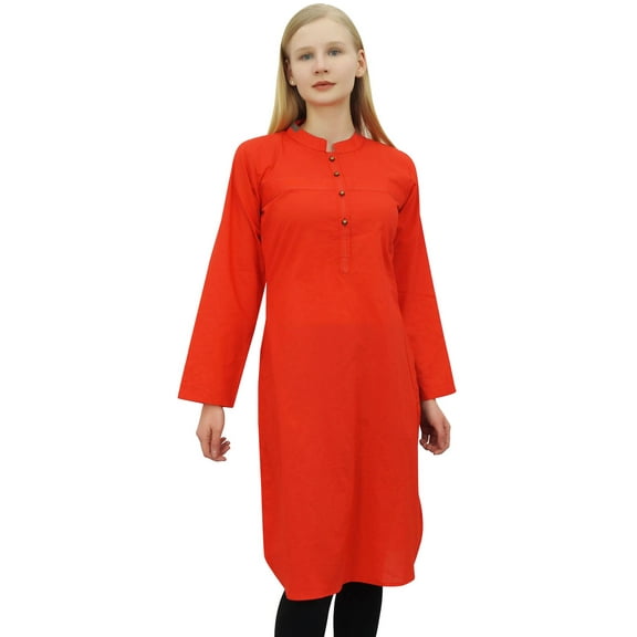 Phagun Women's Red Straight Custom Kurti Long Sleeves Cotton Kurta Clothing-10