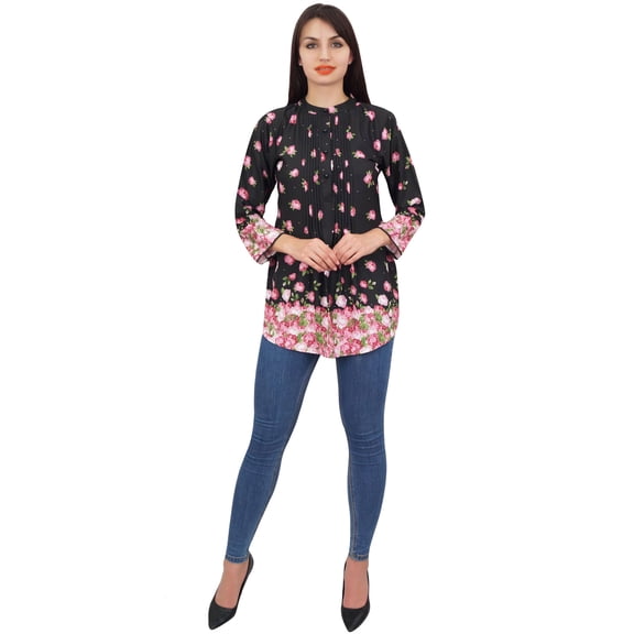 Phagun Women's Shirt Floral Digital Printed Black Top With Full Sleeve Tunic- 16