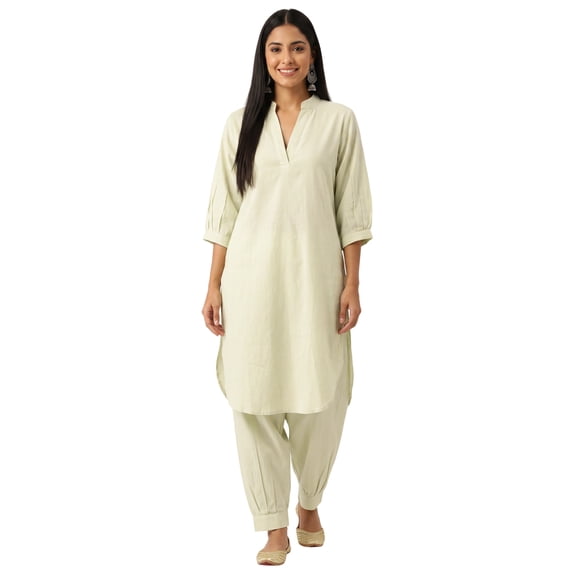 Phagun Women's Solid Pathani Kurta Set with Gather Ankle Salwar Pants