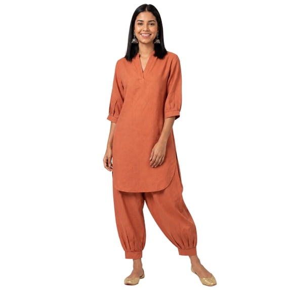 Phagun Women's Solid Pathani Kurta Set with Gather Ankle Salwar Pants