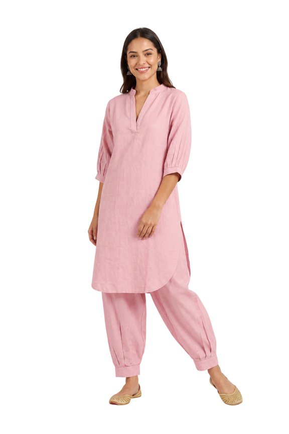 Women's Solid Pathani Kurta Set with Gather Ankle Salwar Pants