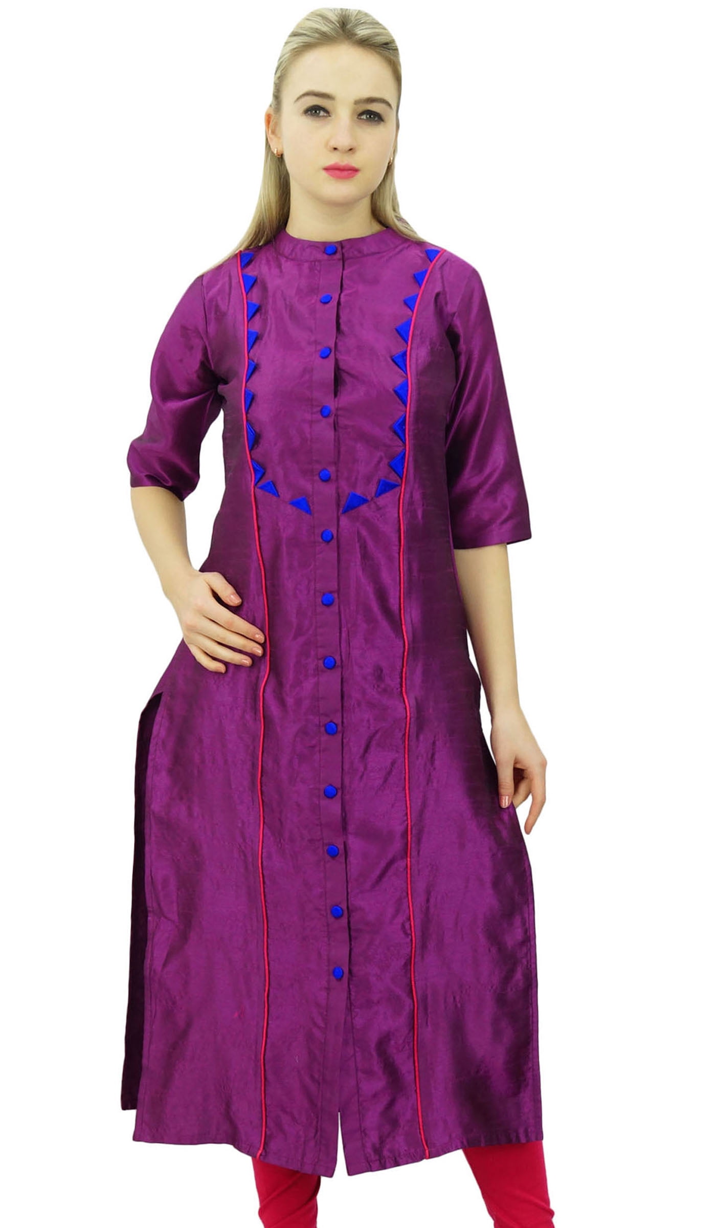 Phagun Women's Straight Magenta Dupion Kurti With Band Collar Casual Clothing-18