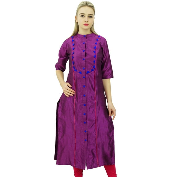 Phagun Women's Straight Magenta Dupion Kurti With Band Collar Casual Clothing-4