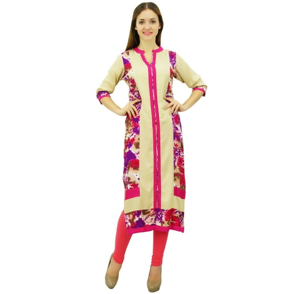 Phagun Women's Straight Rayon Indian Kurta Beige Casual Ethnic Tunic Kurti - 4
