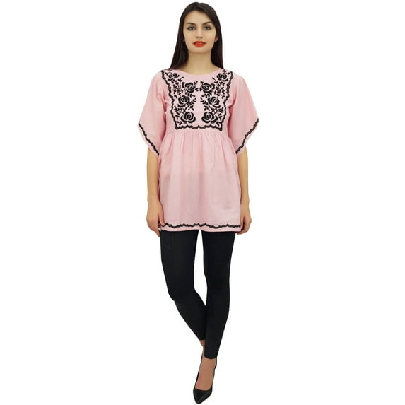 Phagun Women's Summer Aari Work Handkerchief Sleeve Cotton Pink Tunic Top-4