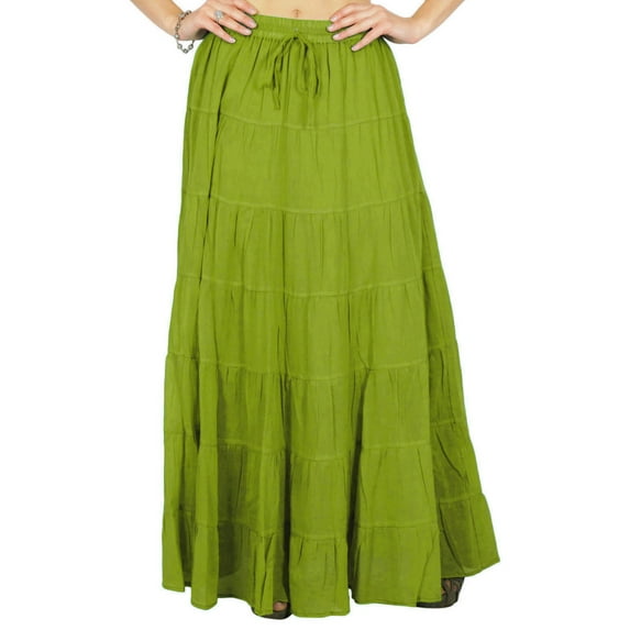 Phagun Women's Summer Olive Green Cotton Ethnic Design Skirt Drawstring Waist - 6