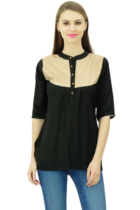Women's Summer Short Tunic 3/4 Sleeves Button Top Sequins Yoke Casual Blouse