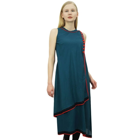 Phagun Women's Teal Blue Indian Kurta Draped Kurti Long Tunic Casual Blouse-18