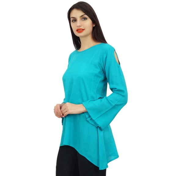 Phagun Women's Turquoise Flounce Sleeve Cotton Modal Casual Blouse Tunic Top- 16