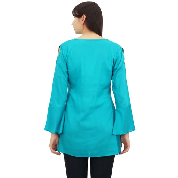 Phagun Women's Turquoise Flounce Sleeve Cotton Modal Casual Blouse Tunic Top- 18