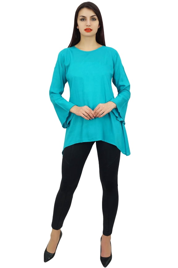 Women's Turquoise Flounce Sleeve Cotton Modal Casual Blouse Tunic Top - 6
