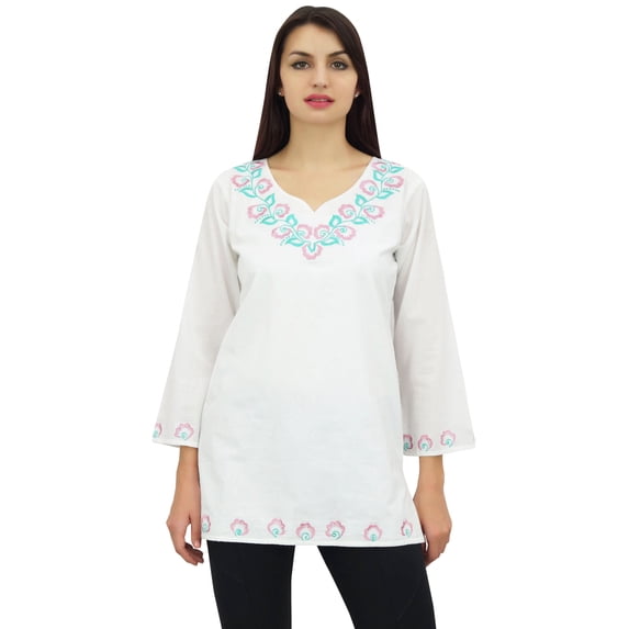Phagun Women's White Embroidered Summer Tunic Long Sleeve Casual Blouse Top - 4