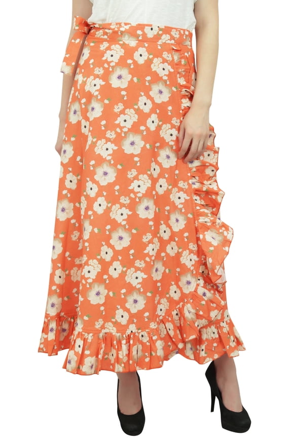 Women's Wrap Cotton Ruffled Self Belt Floral Printed Magic Skirt-Orange