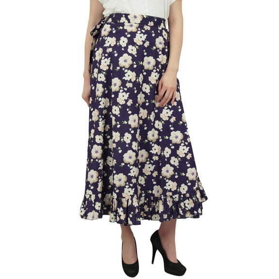 Phagun Women's Wrap Cotton Ruffled Self Belt Floral Printed Magic Skirt-Purple