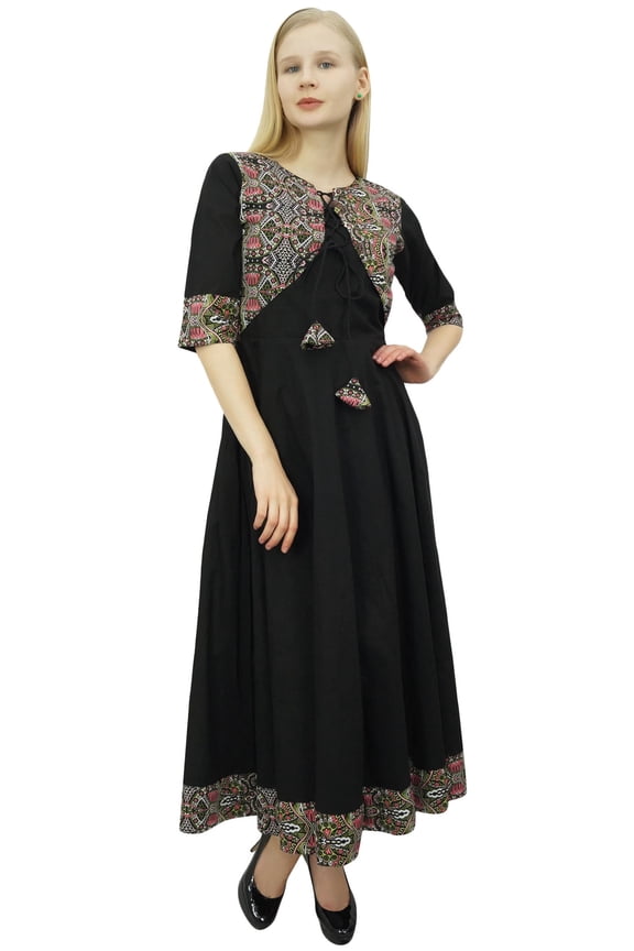Womens Black Cotton Anarkali Jacket Style Kurti Designer Dress-12