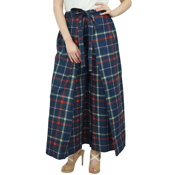 Phagun Womens Blue Check Print Fisherman Harem Pant Elastic Waist Trousers-S