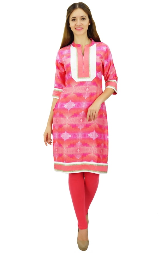 Womens Knee Length Tunics Cotton Pink Kurti 3/4 Sleevess Casual Kurta-20