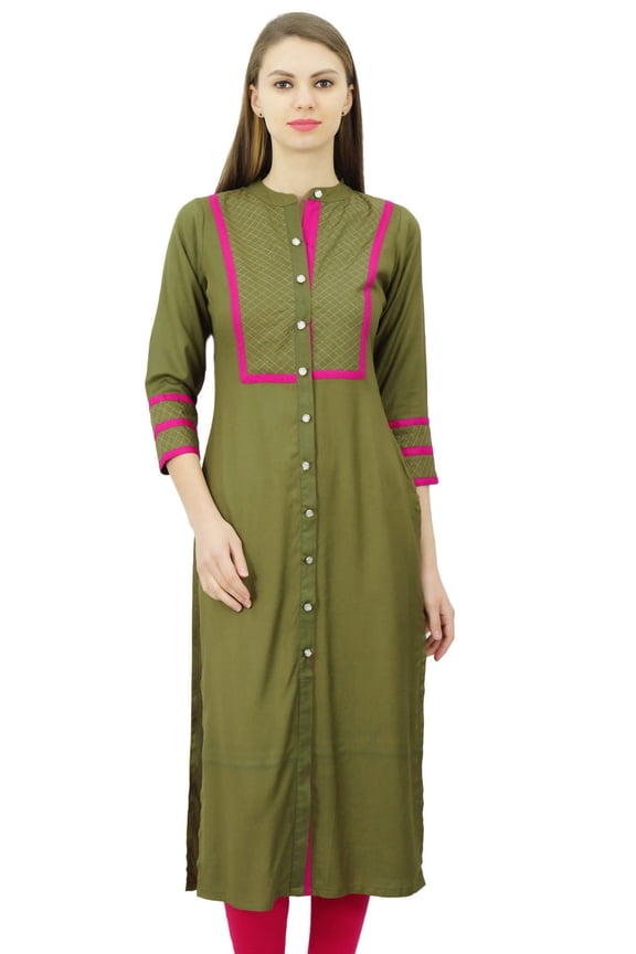 Womens Rayon Straight Tunic Kurta Open Front Kurti Mandarin Collar Indian Top
