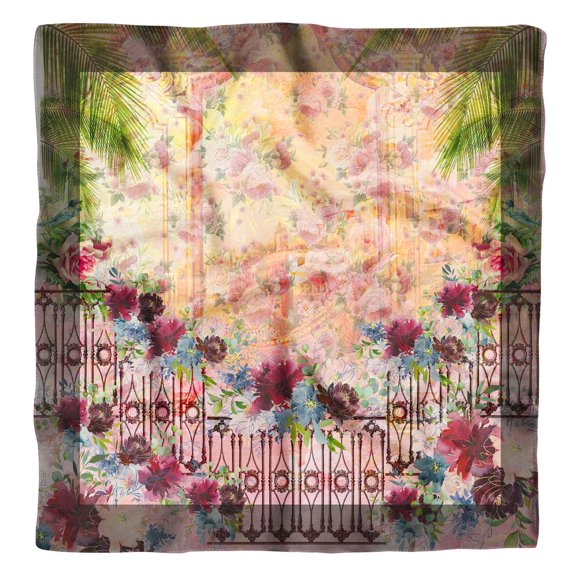 Phagun Yellow Floral Mughal Printed Square Pure Silk&nbsp;Scarf&nbsp;For Hair Neck Head Bandanas For Women