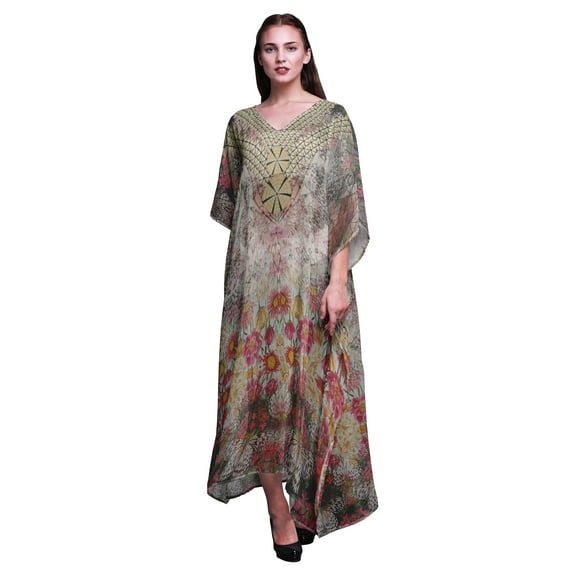 Phagun butterflies & Floral Long Caftan Maxi Dress Beach Swimwear Cover up Womens Kaftan-4X-5X