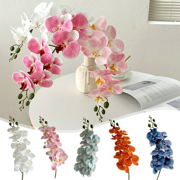 Phalaenopsis Orchid Faux Flowers 9 Stems | Real Touch Artificial Orchids | Lifelike Polyester Blossoms | Multi-Branch Design | White Pink Orange Blue Green | 38.6in Centerpiece | Home Wedding Décor