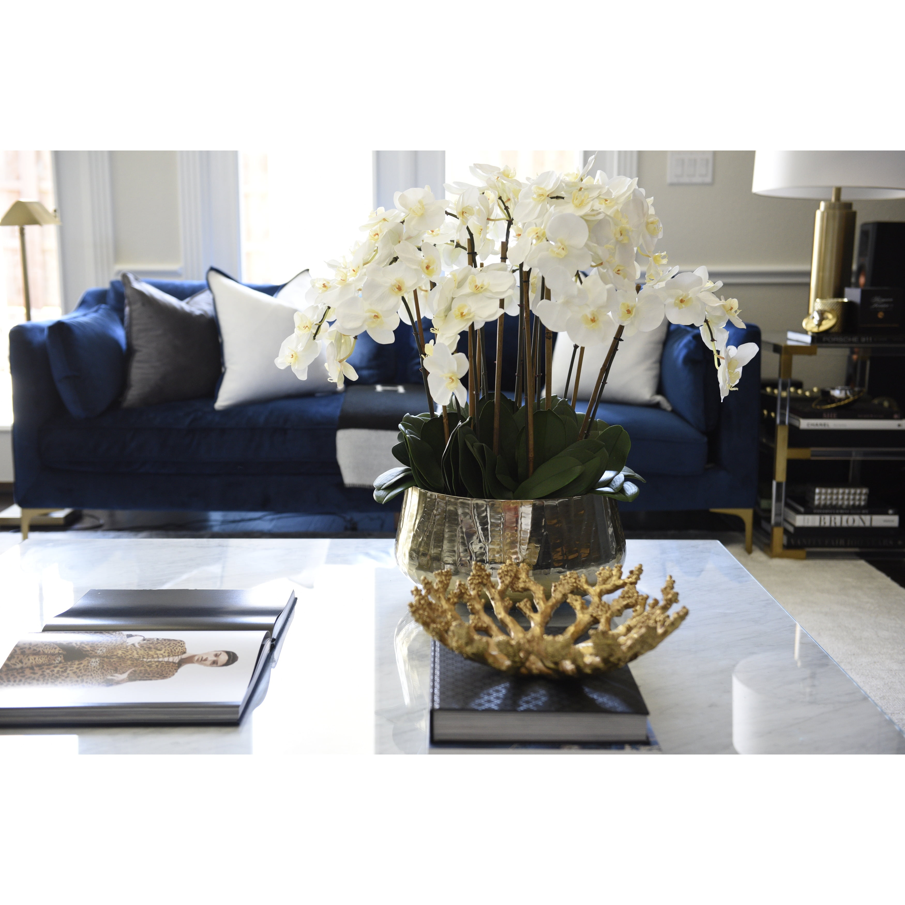 White Phalaenopsis Orchid Arrangement with Gold Planter, 28" Height