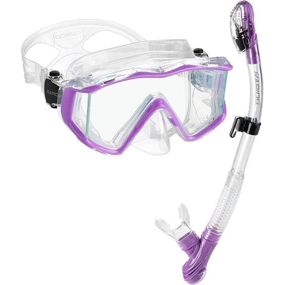 Phantom Aquatics Rapido Boutique Collection Clareza Three Window Tempered Glass Lens Mask Dry Snorkel Set, Great for Travel Mask Snorkel Combo (Lilac)