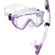 Phantom Aquatics Rapido Boutique Collection Clareza Three Window Tempered Glass Lens Mask Dry Snorkel Set, Great for Travel Mask Snorkel Combo Lilac