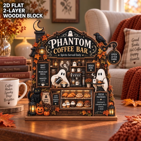 Phantom Coffee Bar Ghost Cafe Wooden Block for Halloween Countertop Decor