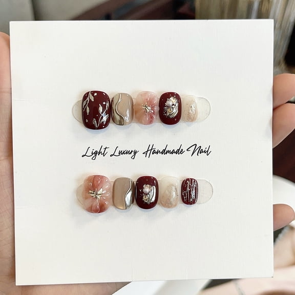 [Phantom Red Beads] Retro Magic Mirror Powder Hand-painted Small Flowers Pure Handmade Nail Art Wearing Nail ins Windmill Cherry Red