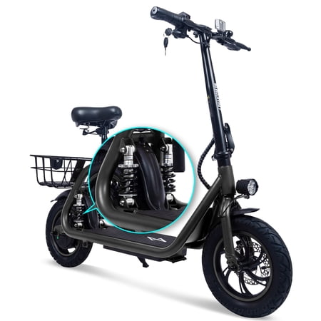 Phantomgogo Commuter R1 - Electric Scooter for Adults - Foldable Scooter with Seat & Carry Basket - 450W Brushless Motor 36V - 15MPH 265lbs Max Load E Mopeds for Adults (Pro-Black)
