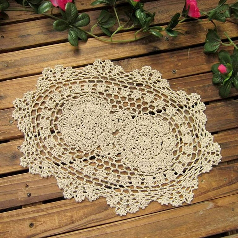 Phantomon Lace Doilies Handmade Crochet Placemats Cotton Doilies Cloth  Lace, Pack Of 4, Oval Shape, 10 x 14 inch (Beige) 