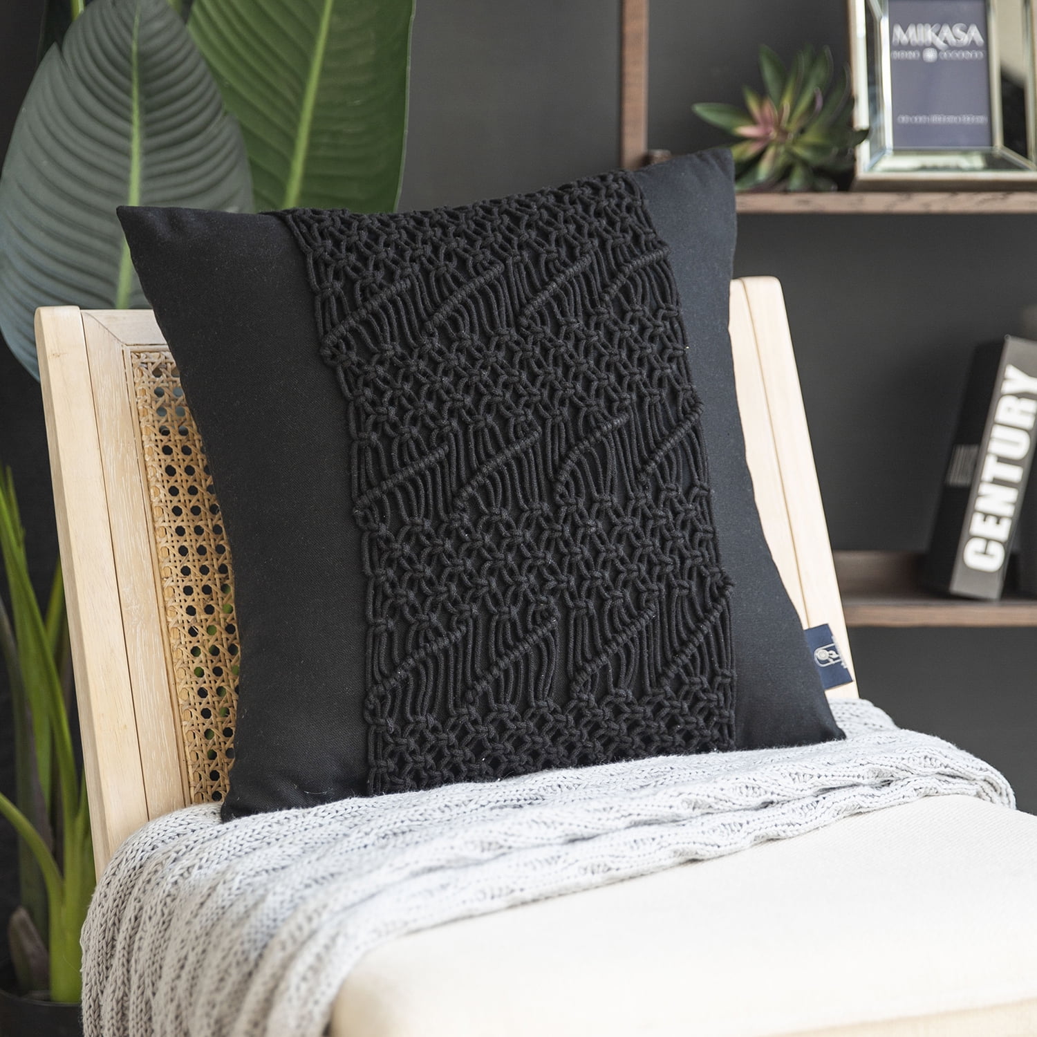 Phantoscope 100% Cotton Handmade Crochet Boho Series with Invisible Zipper Throw Pillow, 18" x 18", Black, 1 Pack
