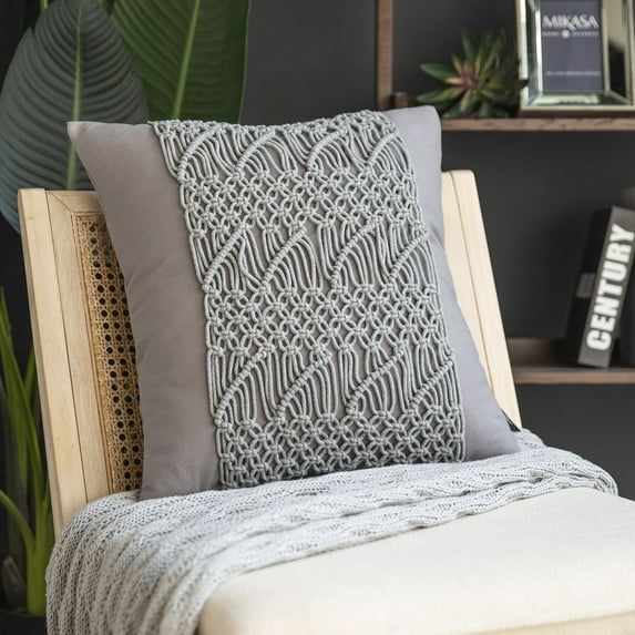 Phantoscope 100% Cotton Handmade Crochet Boho Series with Invisible Zipper Throw Pillow, 18" x 18", Gray, 1 Pack