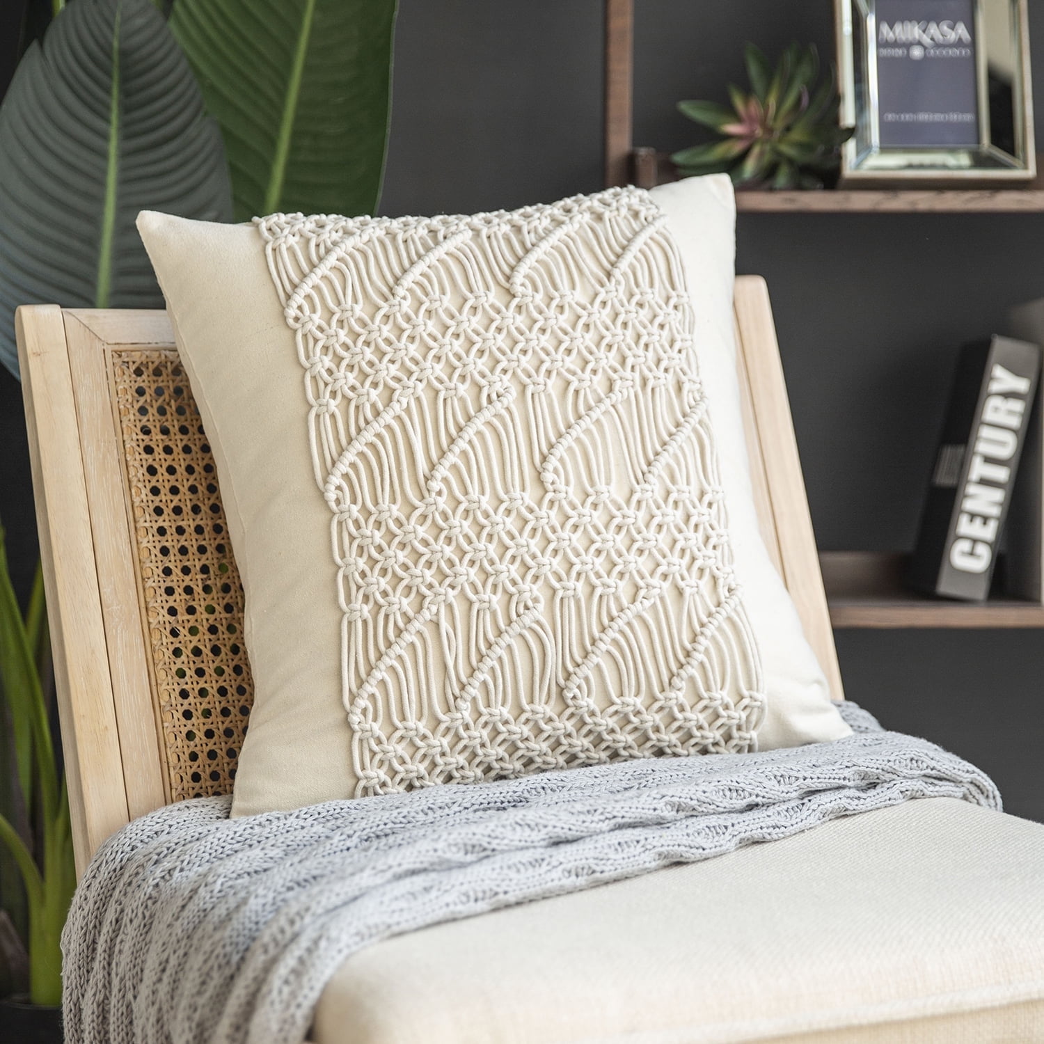 Phantoscope 100% Cotton Handmade Crochet Boho Series with Invisible Zipper Throw Pillow, 18" x 18", Off White, 1 Pack
