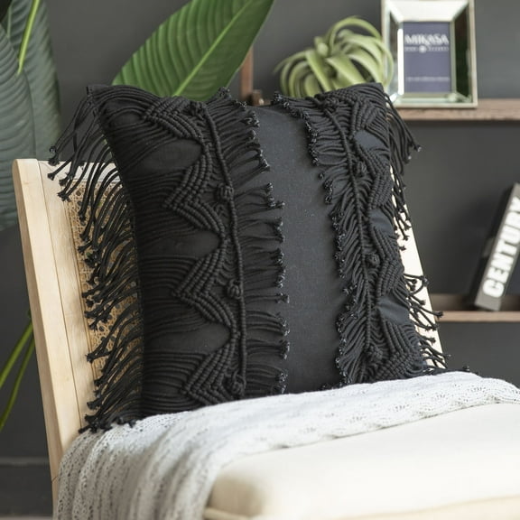 Phantoscope 100% Cotton Handmade Crochet Boho Series with Tassels and Woven Knot Throw Pillow, 18" x 18", Black, 1 Pack