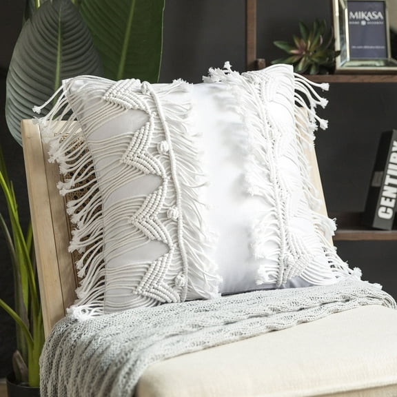 Phantoscope 100% Cotton Handmade Crochet Boho Series with Tassels and Woven Knot Throw Pillow, 18" x 18", White, 1 Pack