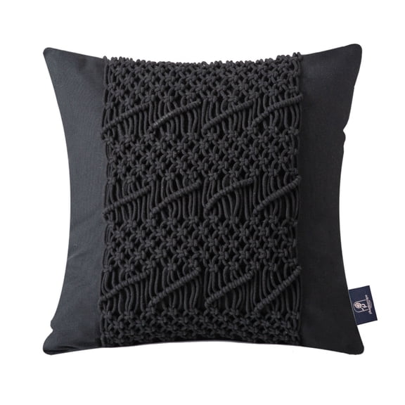 Phantoscope 100% Cotton Handmade Crochet Boho Throw Pillow with Invisible Zipper, 18 x 18 in Square Cushion, Black, 1 Pack