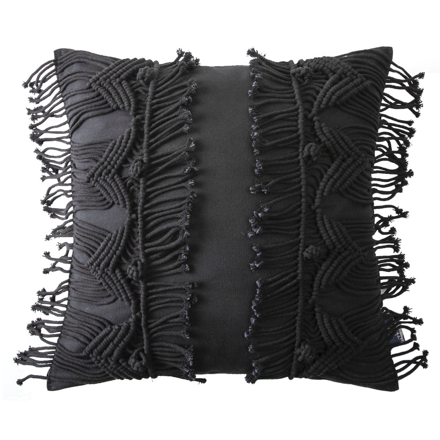 Phantoscope 100% Cotton Handmade Crochet Boho Throw Pillow with Tassels and Woven Knot Design, 18 x 18 in Square Cushion, Black, 1 Pack
