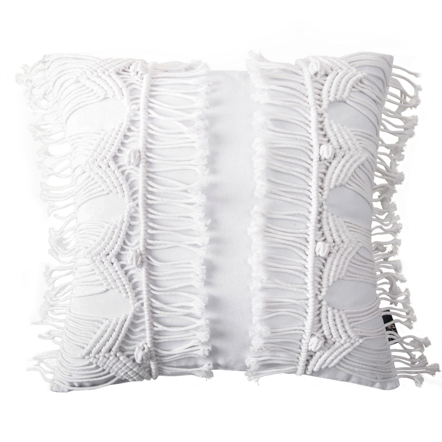 Phantoscope 100% Cotton Handmade Crochet Boho Throw Pillow with Tassels and Woven Knot Design, 18 x 18 in Square Cushion, Pure White, 1 Pack