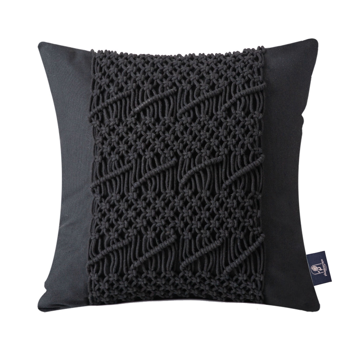 Phantoscope 100% Cotton Handmade Crochet Boho Throw Pillows with Invisible Zipper, 18 x 18 in Square Cushions, Black, 2 Pack