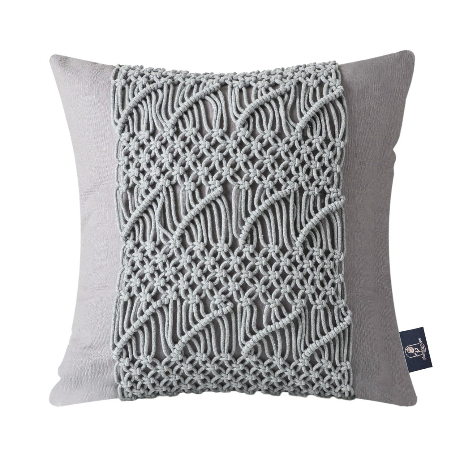 Phantoscope 100% Cotton Handmade Crochet Boho Throw Pillows with Invisible Zipper, 18 x 18 in Square Cushions, Light Gray, 2 Pack