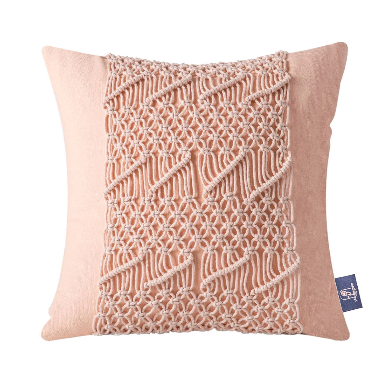 Phantoscope 100% Cotton Handmade Crochet Boho Throw Pillows with Invisible Zipper, 18 x 18 in Square Cushions, Light Pink, 2 Pack