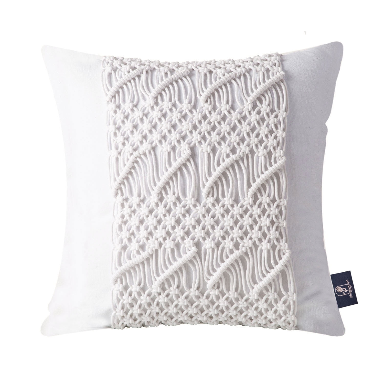 Phantoscope 100% Cotton Handmade Crochet Boho Throw Pillows with Invisible Zipper, 18 x 18 in Square Cushions, Pure White, 2 Pack