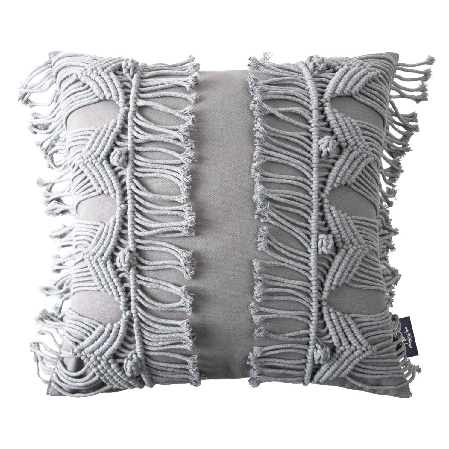 Phantoscope 100% Cotton Handmade Crochet Boho Throw Pillows with Tassels and Woven Knot Design, 18 x 18 in Square Cushions, Light Gray, 2 Pack