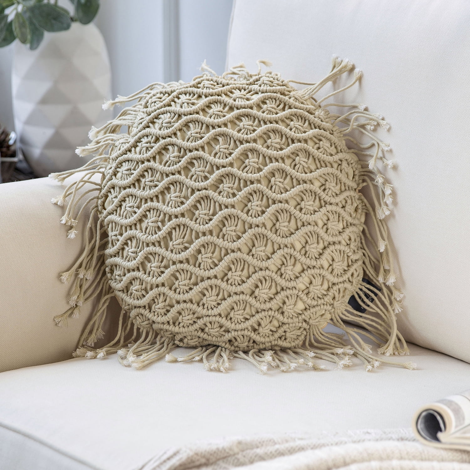 Phantoscope 100% Cotton Handmade Crochet Woven Boho with Tassels Series Decorative Throw Pillow, 16 inch x 16 inch Round, Off White, 1 Pack