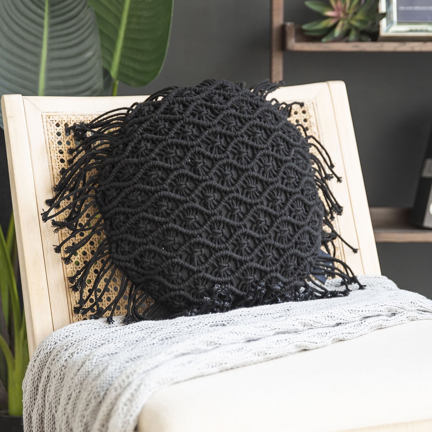 Phantoscope 100% Cotton Handmade Crochet Woven Boho with Tassels Series Decorative Throw Pillow, 16" x 16" Round, Black, 1 Pack