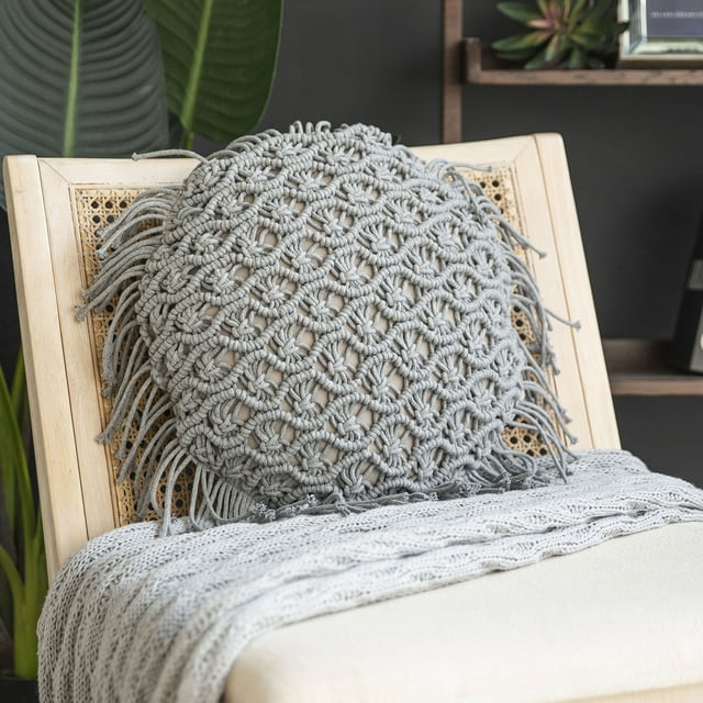 Phantoscope 100% Cotton Handmade Crochet Woven Boho with Tassels Series Decorative Throw Pillow, 16" x 16" Round, Gray, 1 Pack